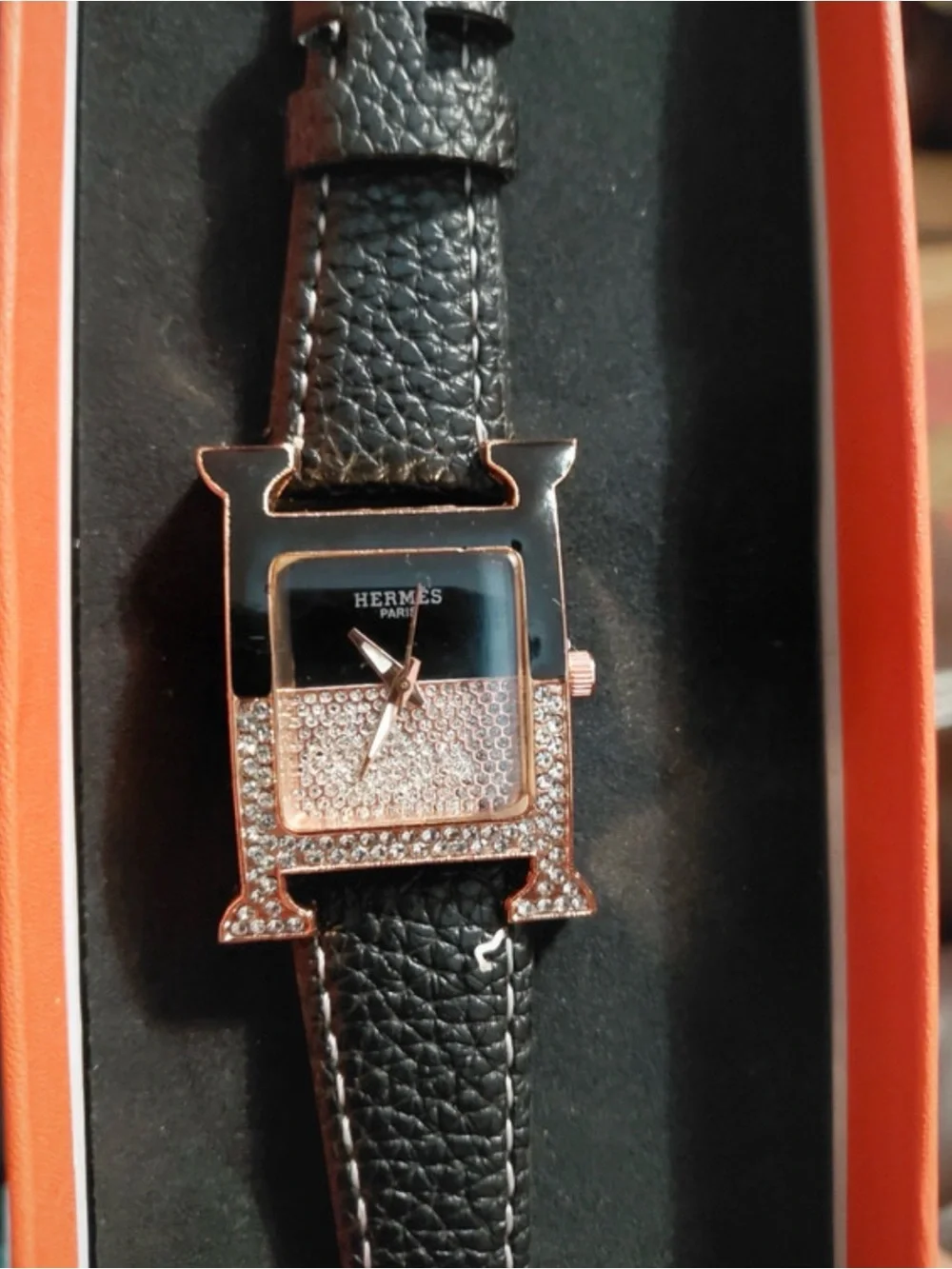-inspired Black Leather Crystal Accent unisex Watch